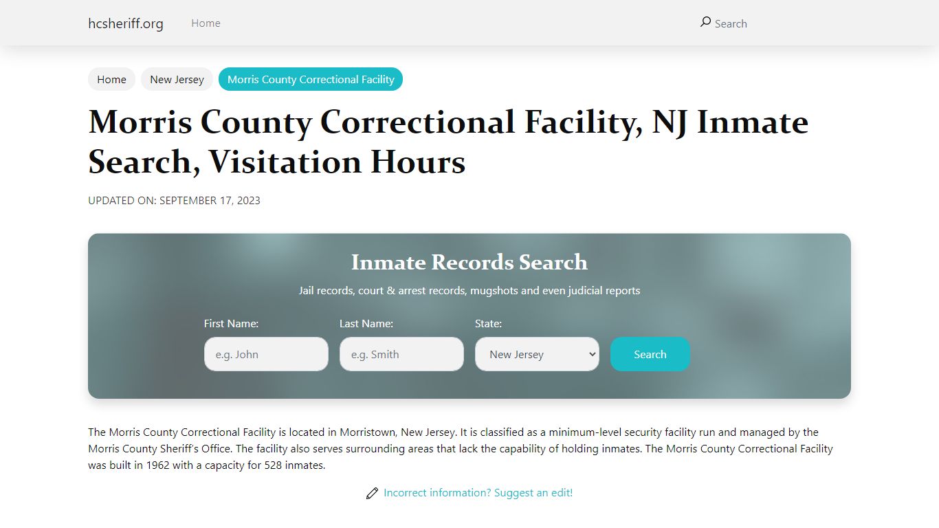 Morris County Correctional Facility, NJ Inmate Search, Visitation Hours